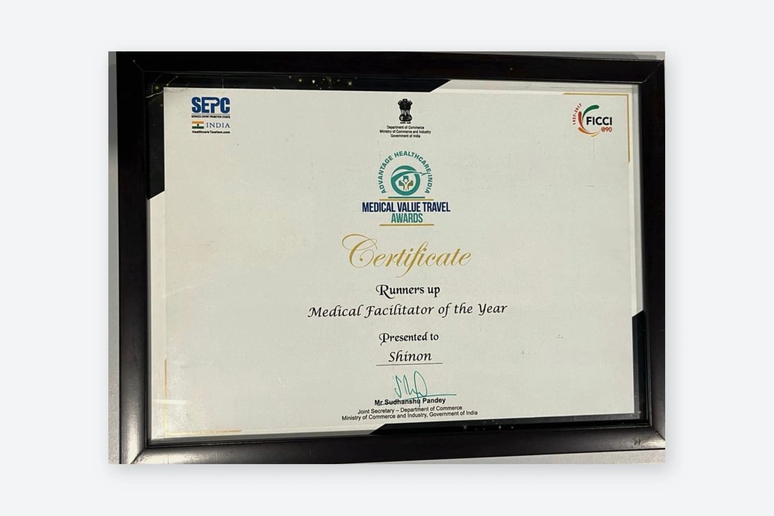 Medical Value Travel Awards runners-up certificate for Medical Facilitator of the Year