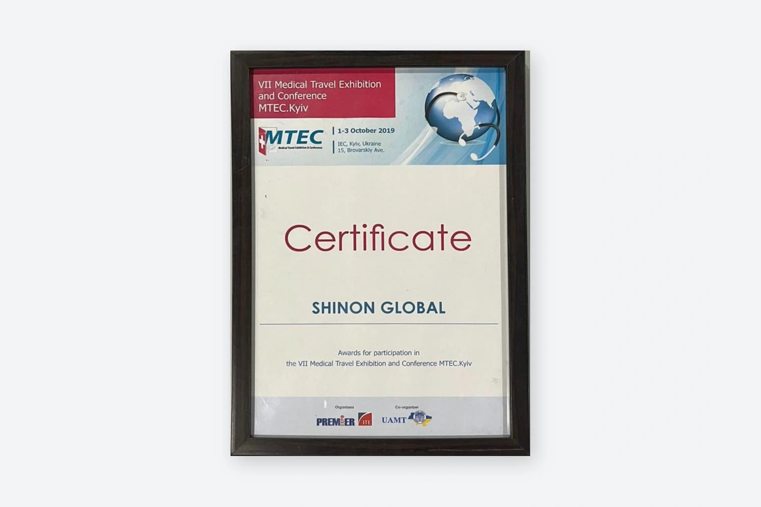 MTEC Kyiv participation certificate presented to Shinon Global in 2019