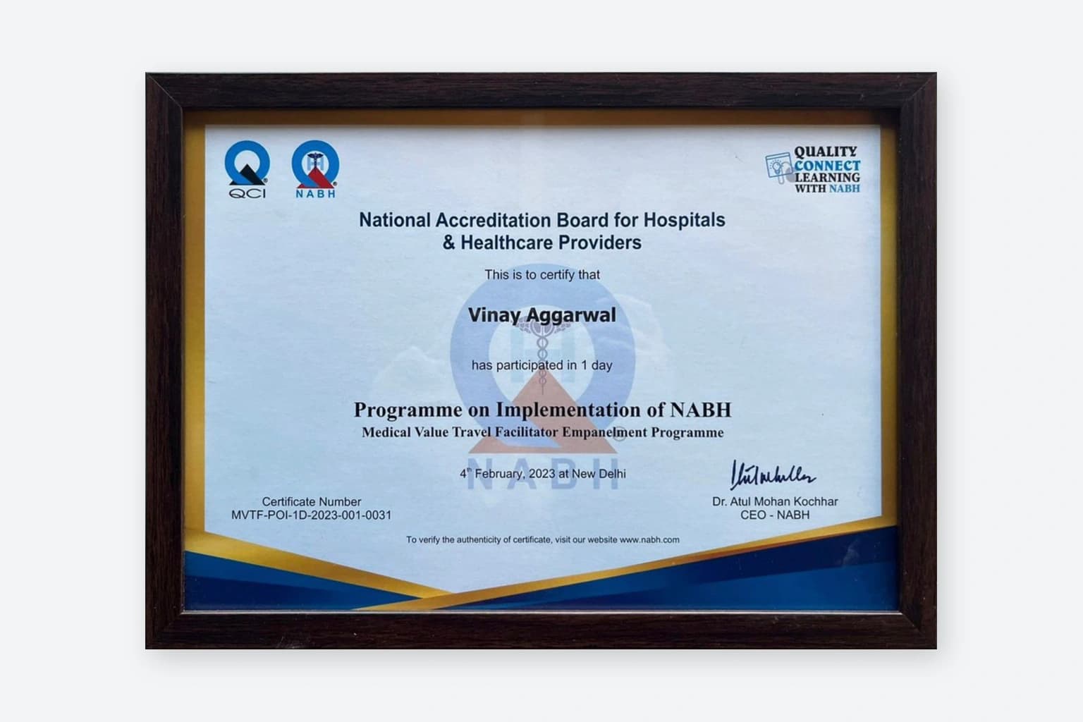 NABH Medical Value Travel Facilitator Empanelment Programme certificate for Vinay Aggarwal