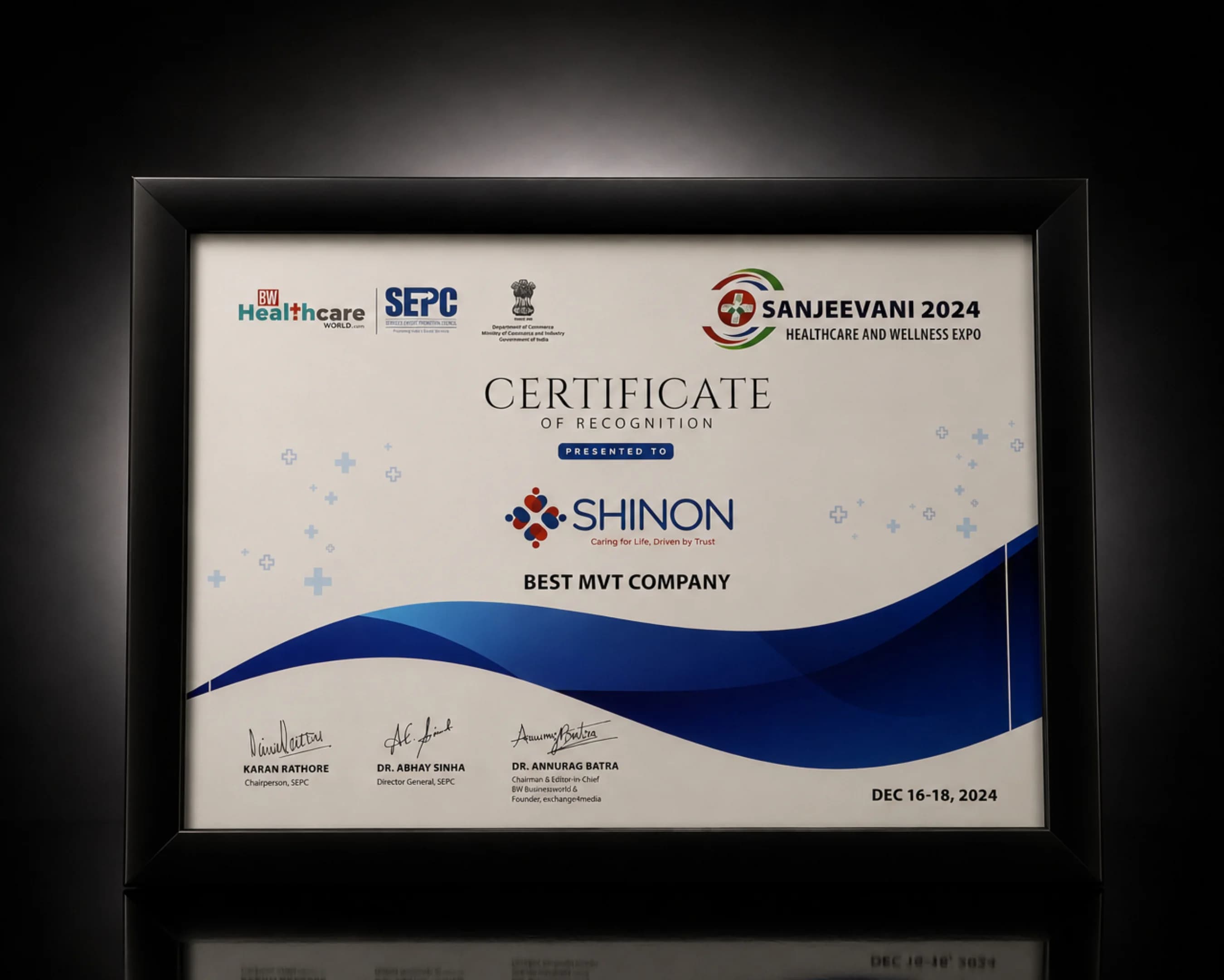Best MVT Company certificate presented to Shinon at Sanjeevani 2024