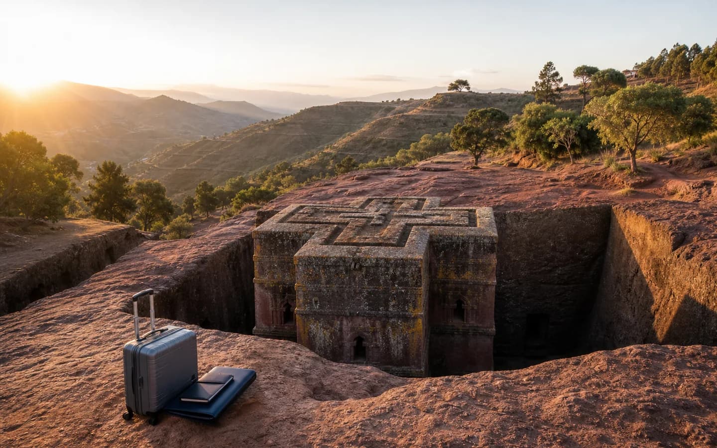 Medical travel documents and luggage overlooking Lalibela rock-hewn churches in Ethiopia