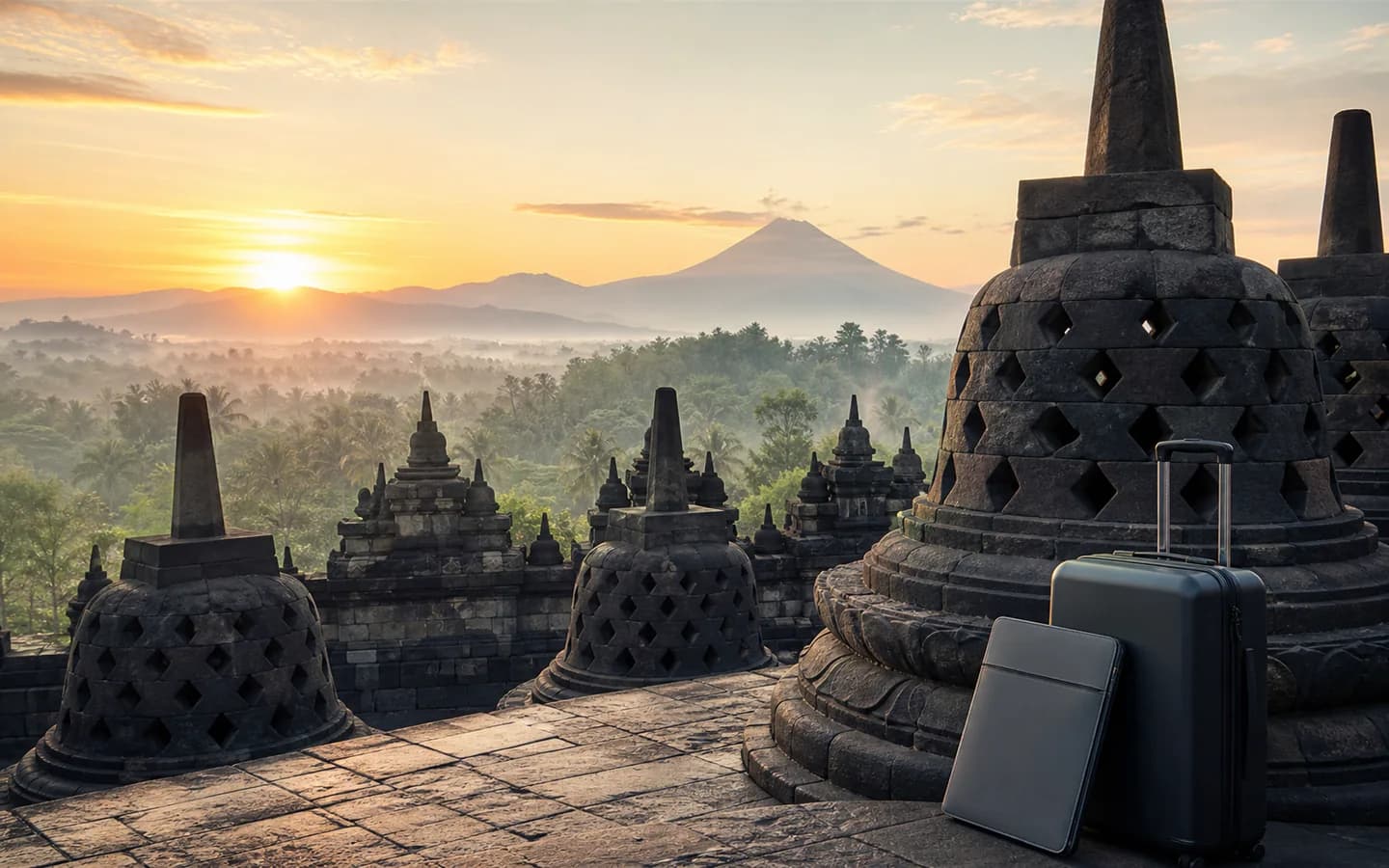 Medical travel documents and luggage at Borobudur Temple in Indonesia