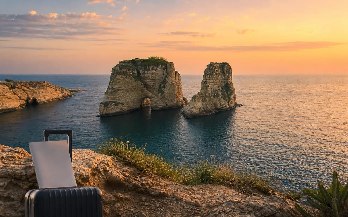 Medical travel luggage overlooking Pigeon Rocks on the Beirut coast in Lebanon