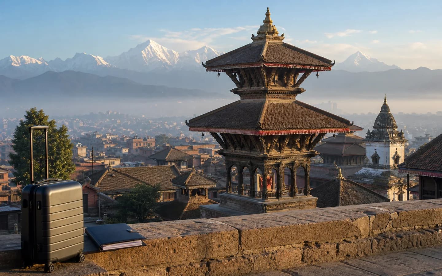 Medical travel documents and luggage overlooking Kathmandu and the Himalayas in Nepal