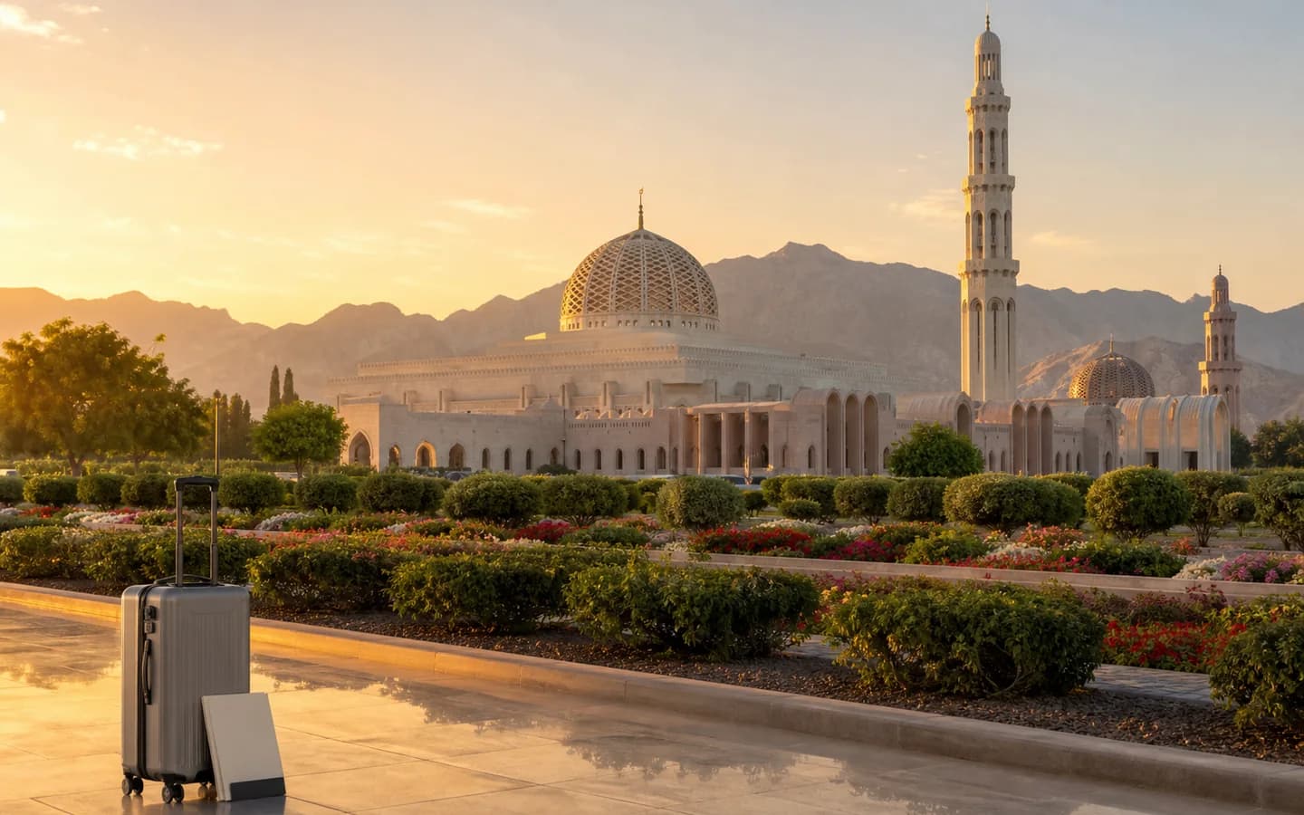 Medical travel documents and luggage at Sultan Qaboos Grand Mosque in Muscat, Oman