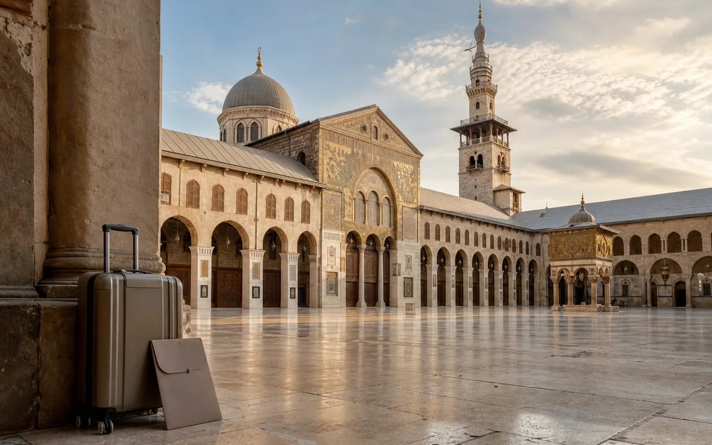 Medical travel documents and luggage in the Umayyad Mosque courtyard in Damascus, Syria
