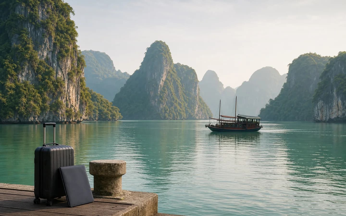 Medical travel documents and luggage overlooking Ha Long Bay in Vietnam