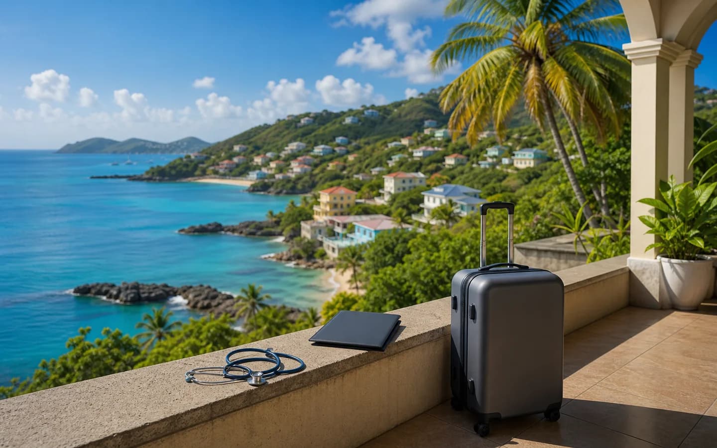 Medical travel documents, luggage, and a stethoscope overlooking a Caribbean coastline in the West Indies