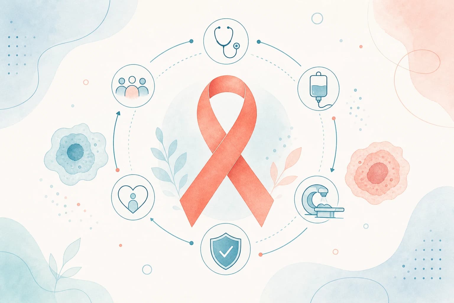 Oncology care illustration with a cancer awareness ribbon and treatment symbols