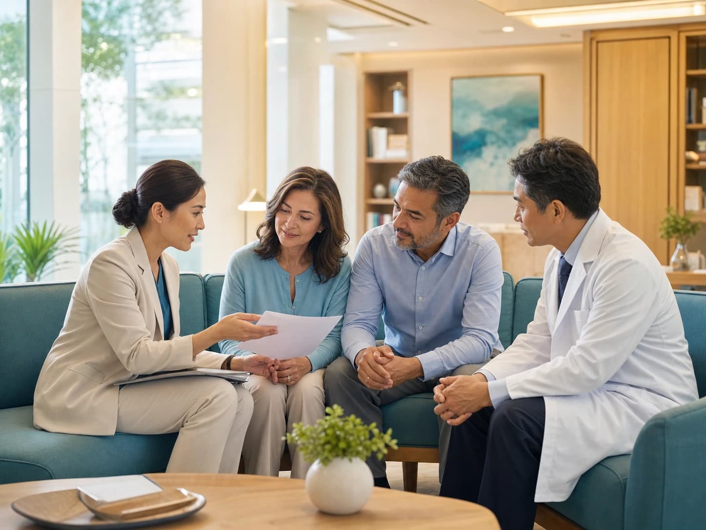 Patient care coordinator and physician reviewing a treatment plan with an international patient and family member