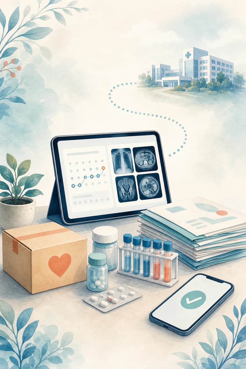 A branded two-dimensional illustration of digital follow-up scans, medical documents, pharmacy supplies, lab samples, and a hospital connection