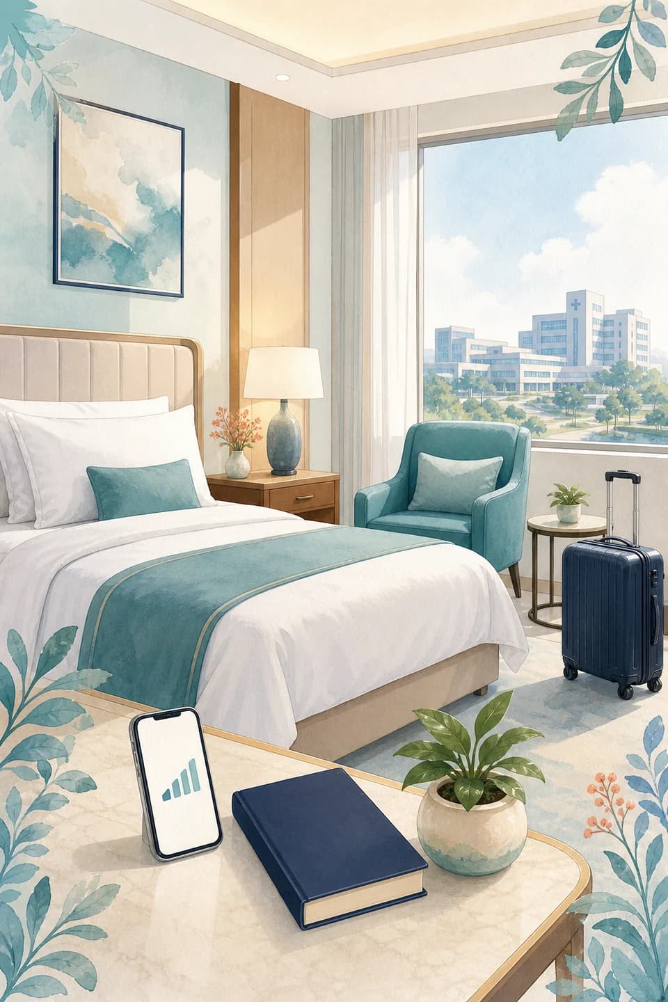 A branded two-dimensional illustration of a calm guest suite with luggage, local connectivity, and a nearby hospital