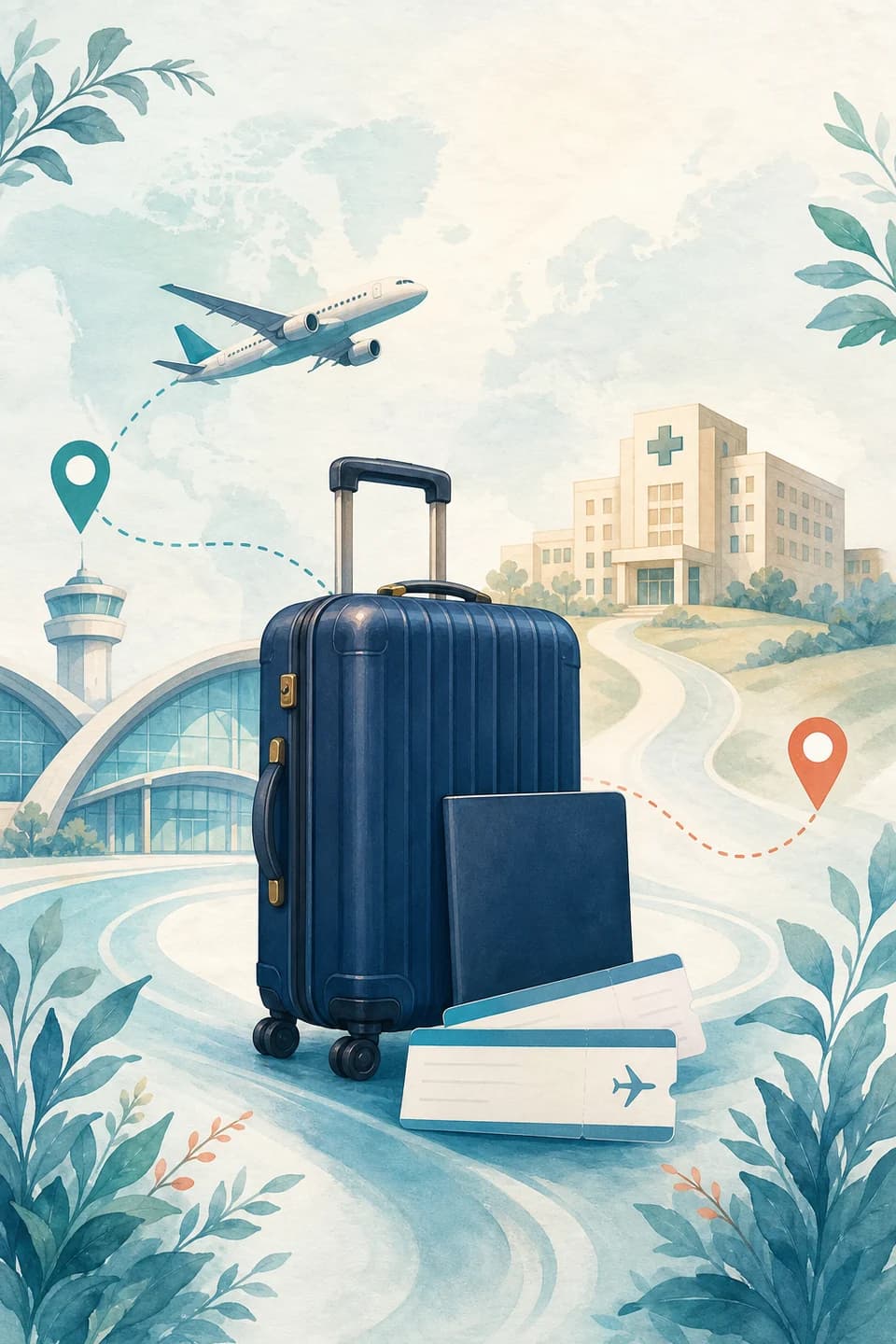 A branded two-dimensional illustration of a suitcase, airplane, airport, and connected route to a hospital