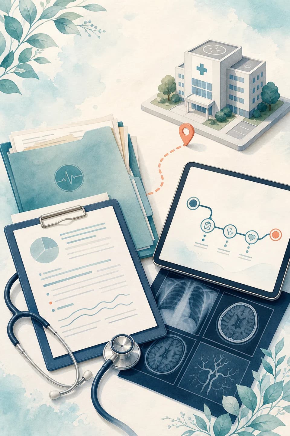 A branded two-dimensional illustration of medical records, diagnostic scans, a stethoscope, and a planned route to hospital care