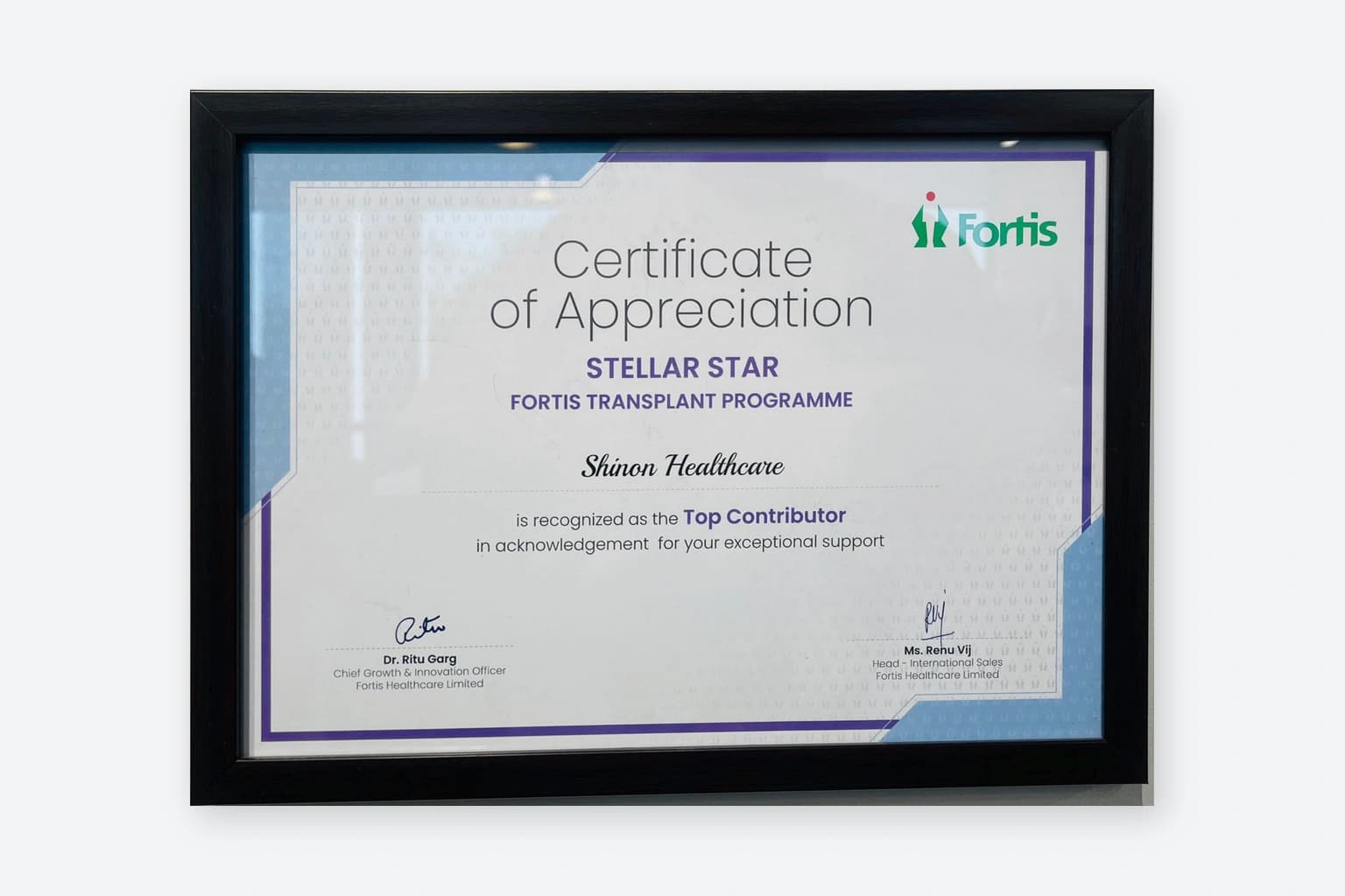 Fortis Transplant Programme Stellar Star Certificate of Appreciation