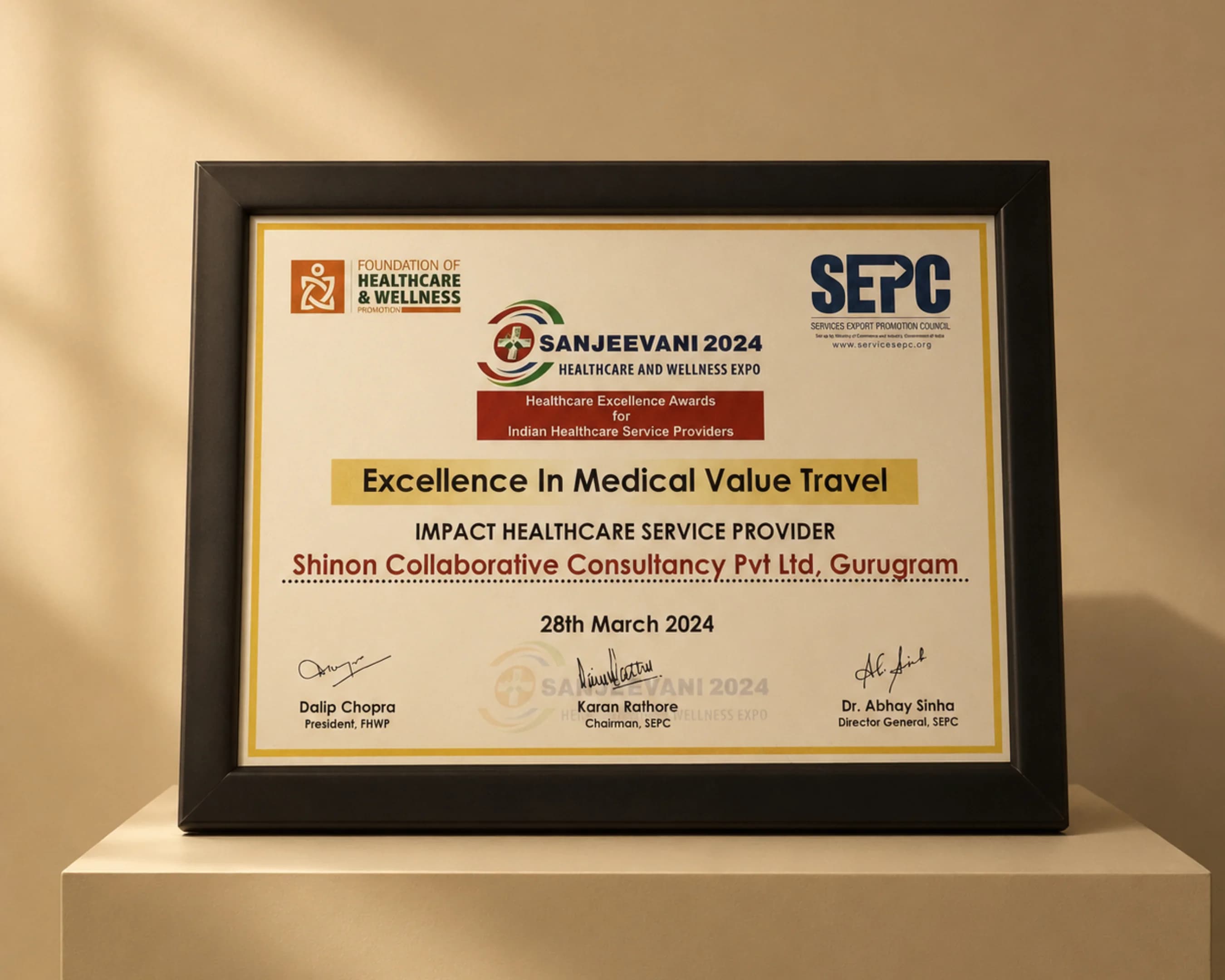 Excellence in Medical Value Travel certificate presented at Sanjeevani 2024