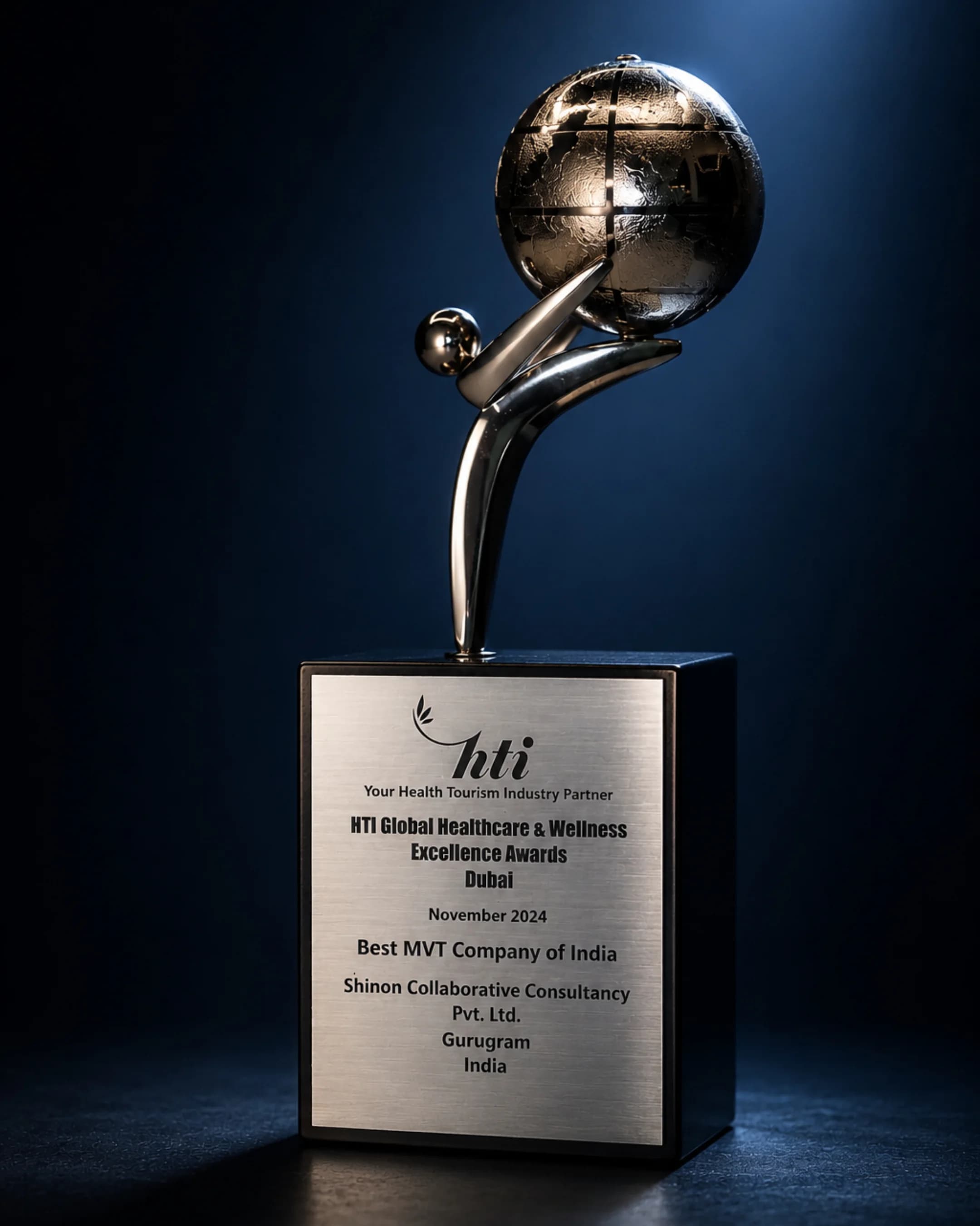 HTI Global Healthcare and Wellness Excellence Award trophy for Best MVT Company of India