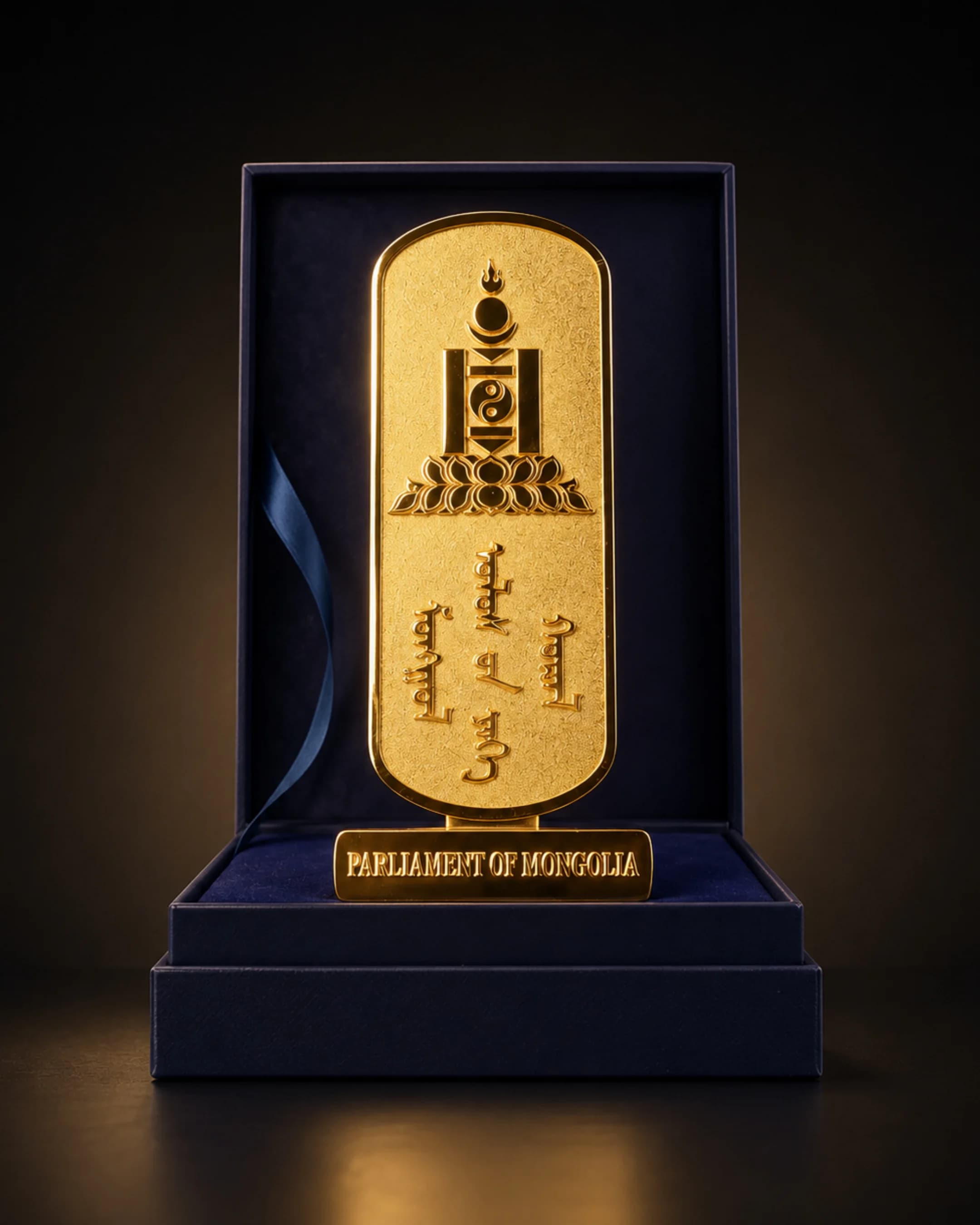 Gold Mongolia felicitation plaque engraved Parliament of Mongolia