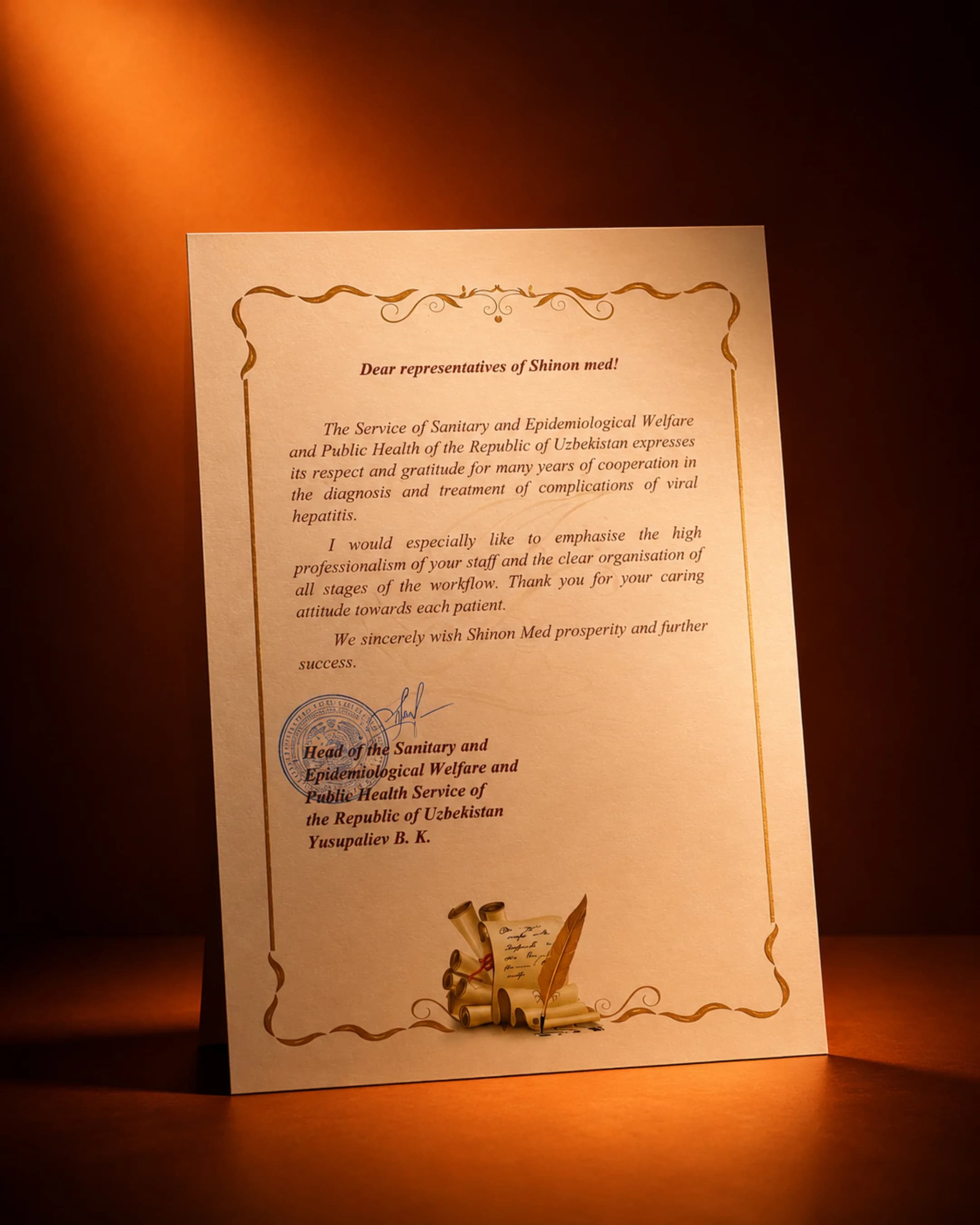 Uzbekistan public health service letter thanking Shinon Med for long-standing healthcare cooperation