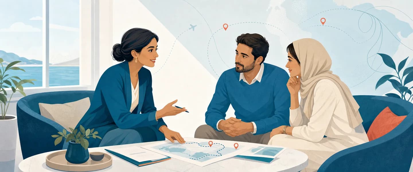 A care coordinator listening to an international patient and companion as they map a new healthcare journey