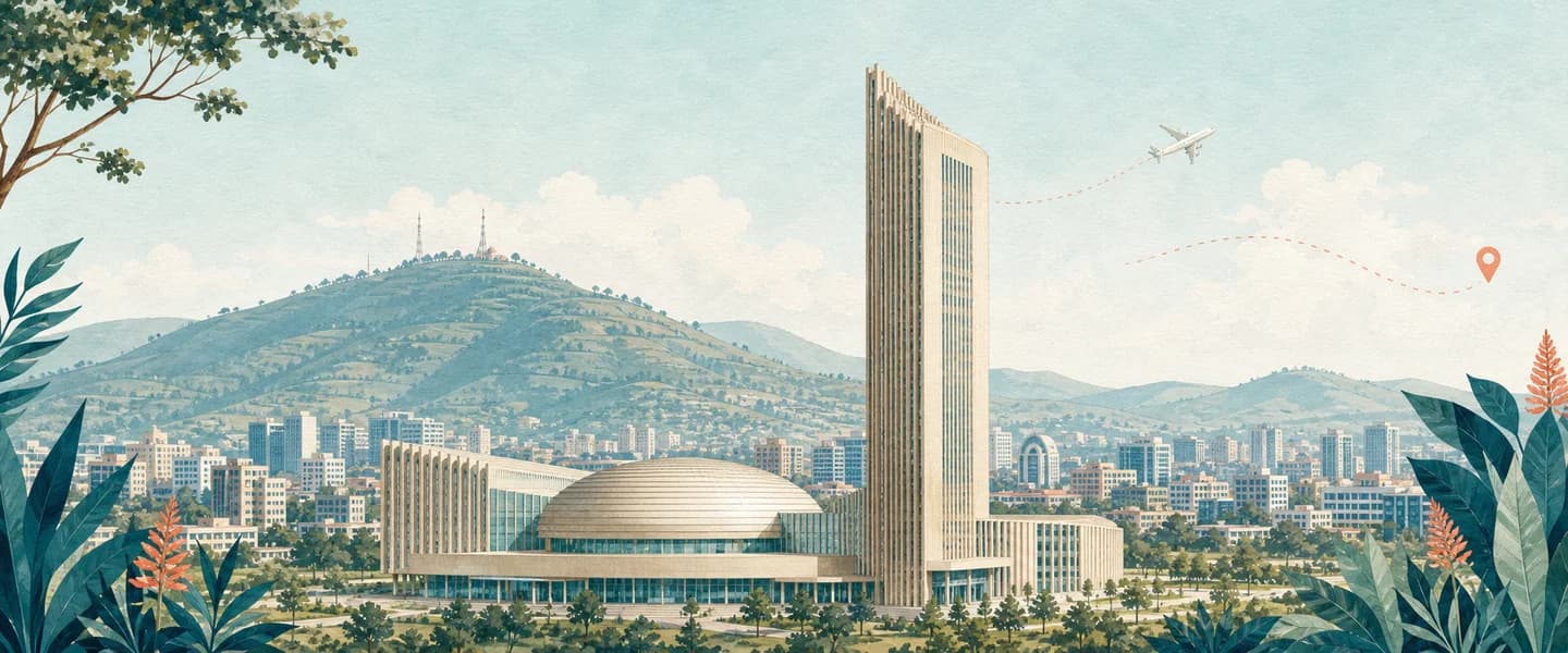 A branded two-dimensional panorama of Addis Ababa featuring the African Union headquarters, Entoto hills, and an airplane