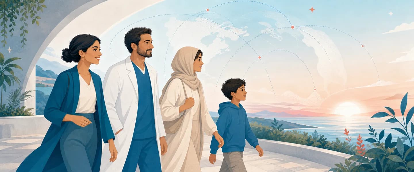 A care navigator, physician, patient, and young companion moving together toward a hopeful global-care future