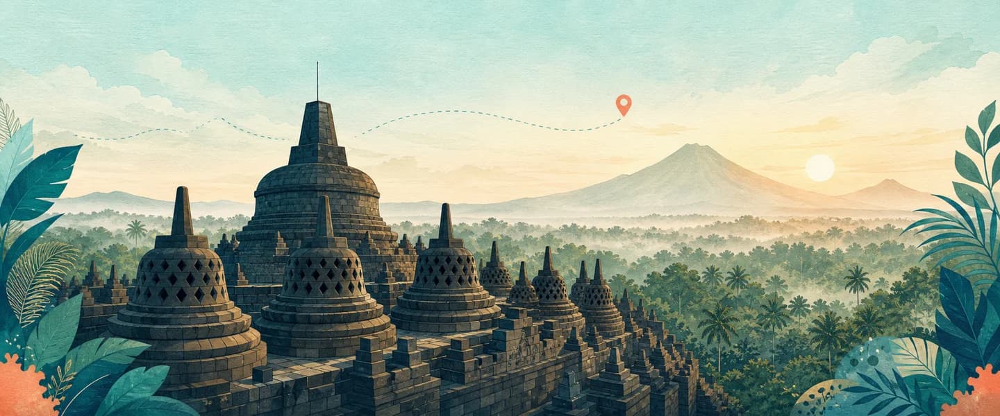 A branded two-dimensional panorama of Central Java featuring Borobudur Temple, tropical forest, and a distant volcano