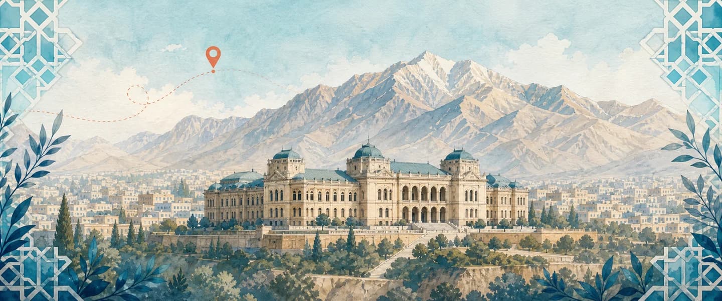 A branded two-dimensional panorama of Kabul featuring Darul Aman Palace and the surrounding mountains