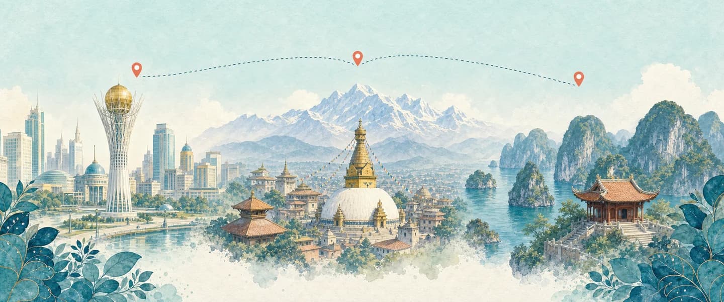 A branded two-dimensional panorama of Kazakhstan's Bayterek Tower, Nepal's Kathmandu Valley, and Vietnam's Ha Long Bay
