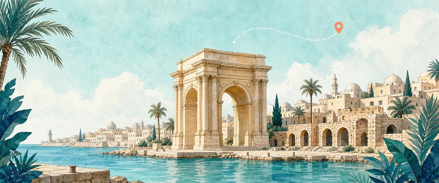 A branded two-dimensional panorama of Tripoli featuring the Arch of Marcus Aurelius and the Mediterranean waterfront