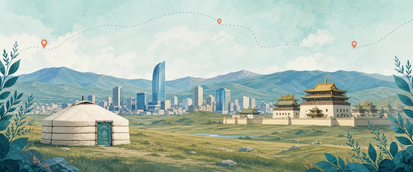 A branded two-dimensional panorama of Mongolia featuring a traditional ger, Ulaanbaatar, and monastery architecture