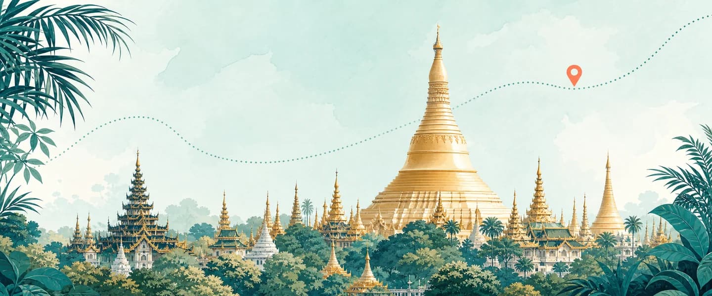 A branded two-dimensional panorama of Yangon featuring Shwedagon Pagoda and tropical greenery
