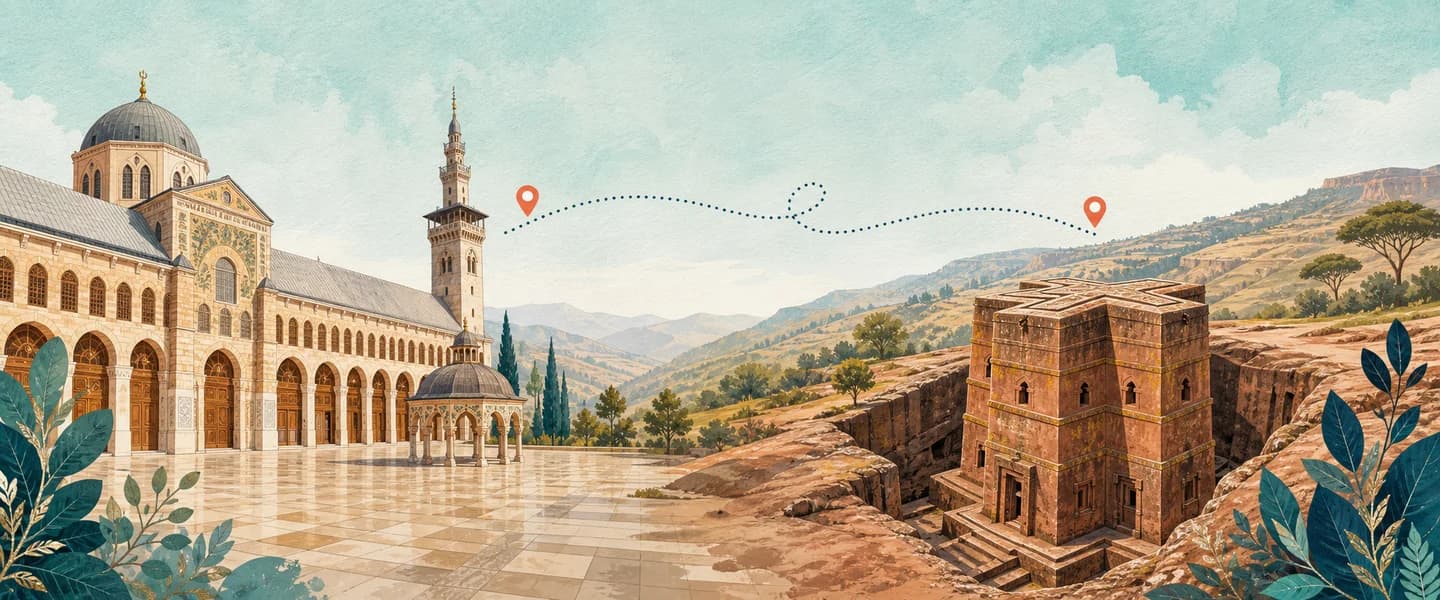 A branded two-dimensional panorama joining Damascus's Umayyad Mosque with the rock-hewn Church of Saint George in Lalibela