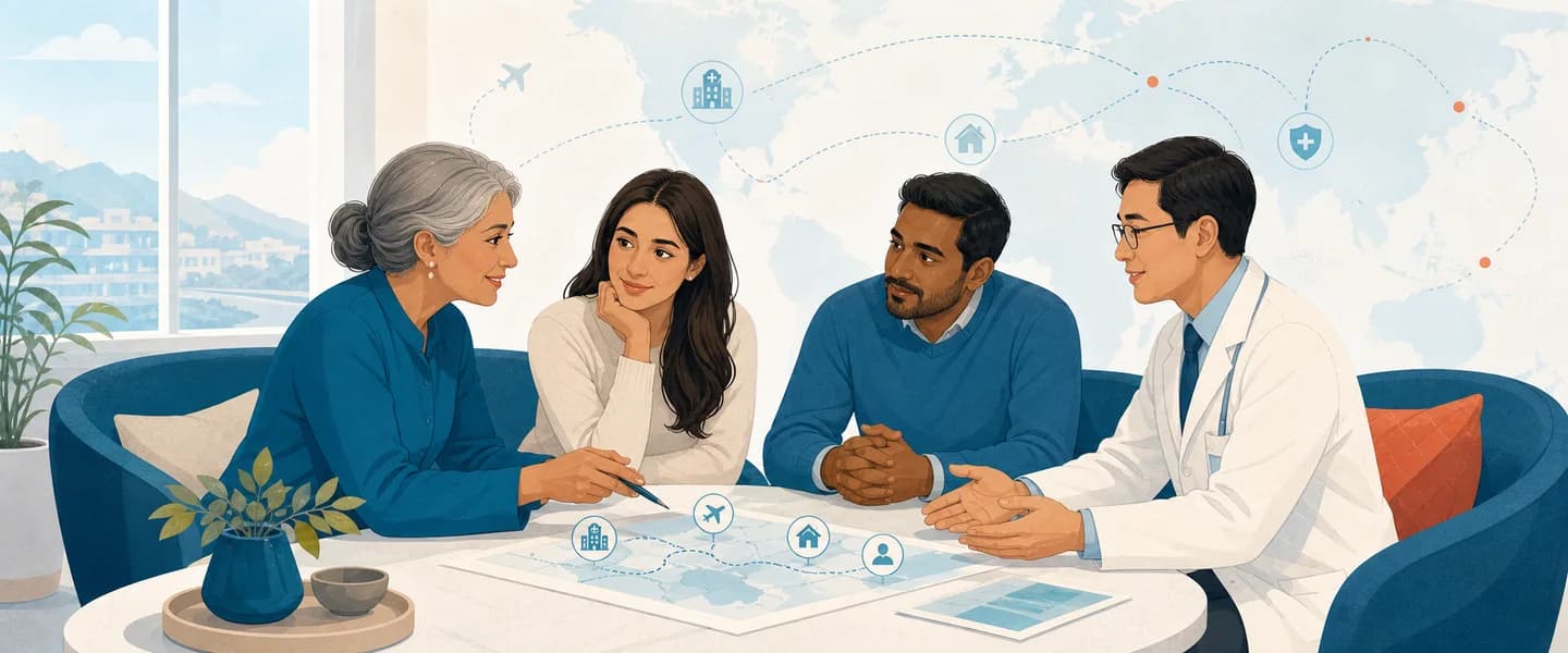 An international patient and companion reviewing a complete care journey with a coordinator and physician