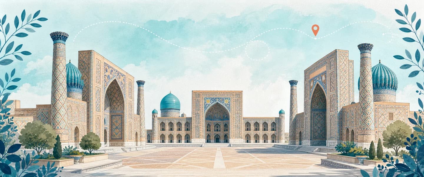 A branded two-dimensional panorama of Samarkand featuring the tiled madrasas of Registan Square