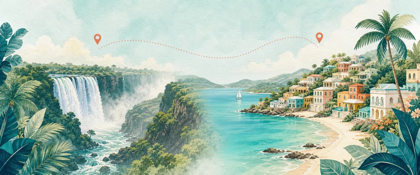 A branded two-dimensional panorama joining Zimbabwe's Victoria Falls with a West Indies Caribbean bay